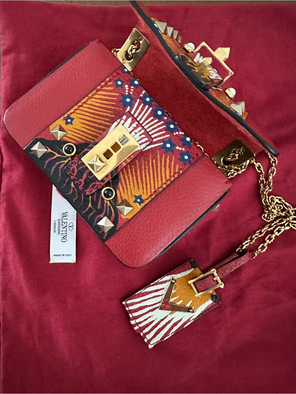 Valentino Red Leather mini Crossbody with Gold Hardware and Multicolor Pattern